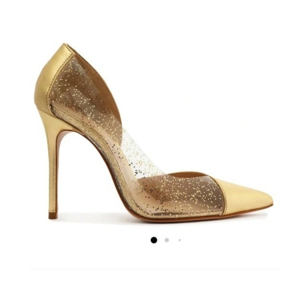 Schutz Cheslieโ Metallic Nappa & Vinyl Pump Women 8B Gold Pointed Toe Stiletto